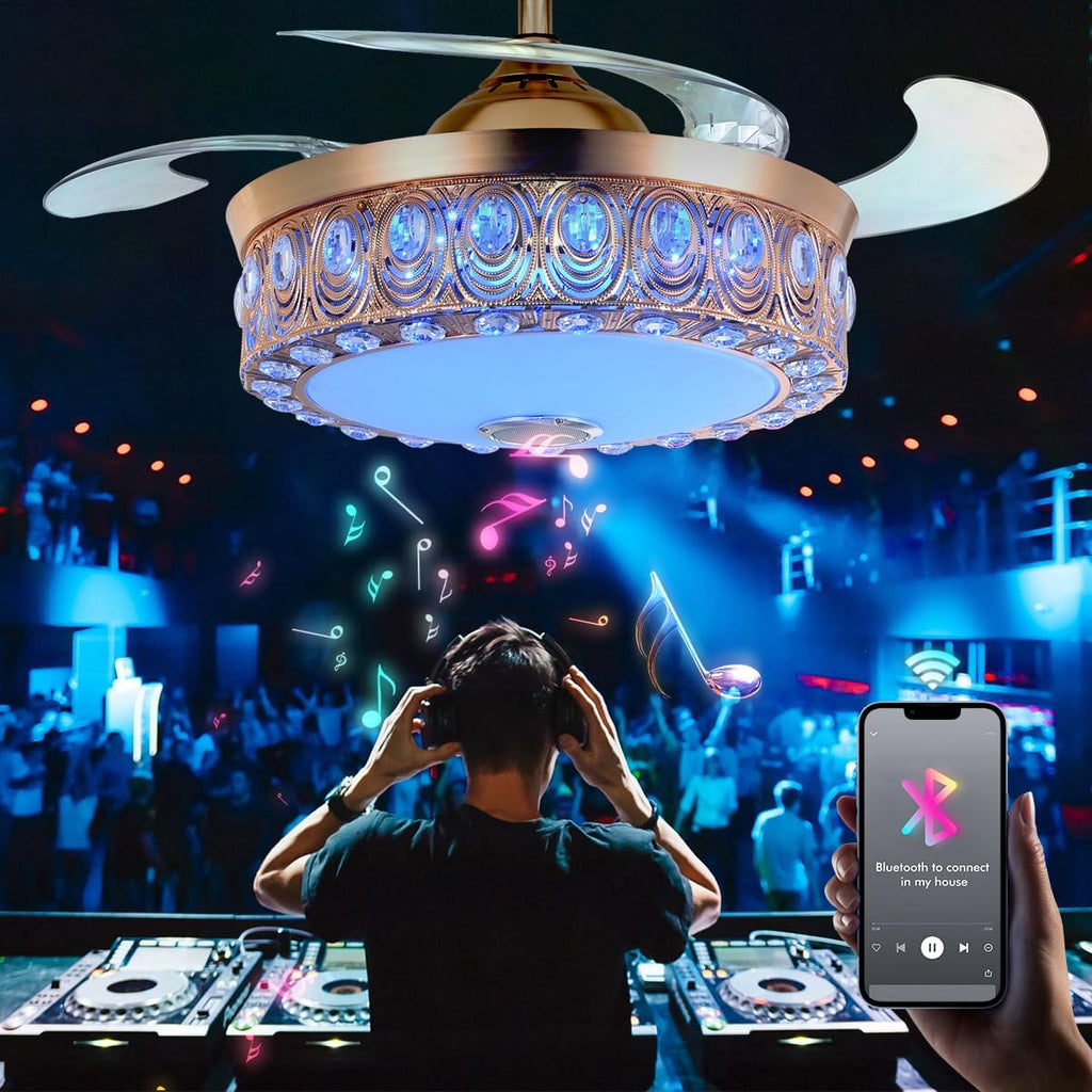 42' Crystal Fandelier Ceiling Fan with Light and Remote Bluetooth Speaker Modern Gold Chandelier Ceiling Fan Dimmable RGB Colors Retractable Blades for Dinning Room Bedroom