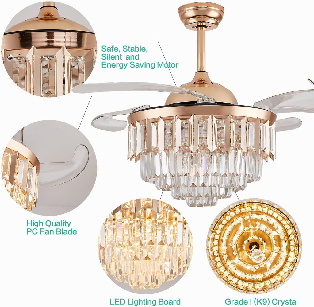 48' Dimmable Gold Fandelier Crystal LED Ceiling Fans with Lights and Remote Modern Retractable Blade Ceiling Lighting Fan Kit for Bedroom Dinning Room Living Room