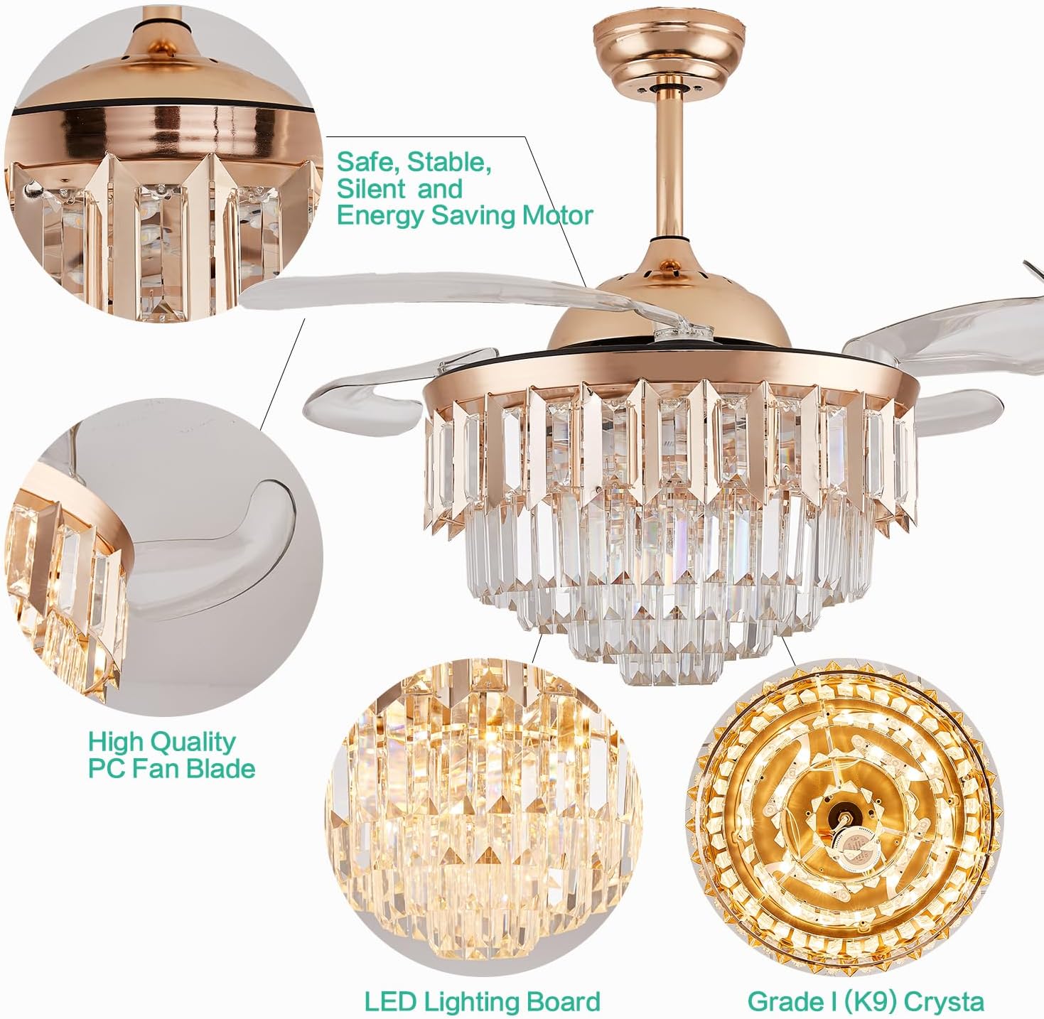48' Dimmable Gold Fandelier Crystal LED Ceiling Fans with Lights and Remote Modern Retractable Blade Ceiling Lighting Fan Kit for Bedroom Dinning Room Living Room