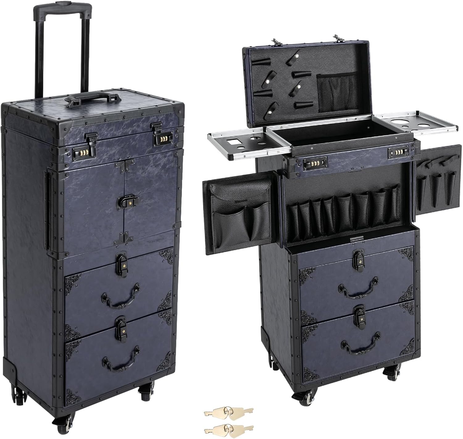 Professional Rolling Makeup Train Case for Beauty Salon & Barber - Large Capacity Cosmetic Luggage Travel Organizer with 8 Wheels & Combination Lock, Rolling Lockable,Cosmetic Train Cases