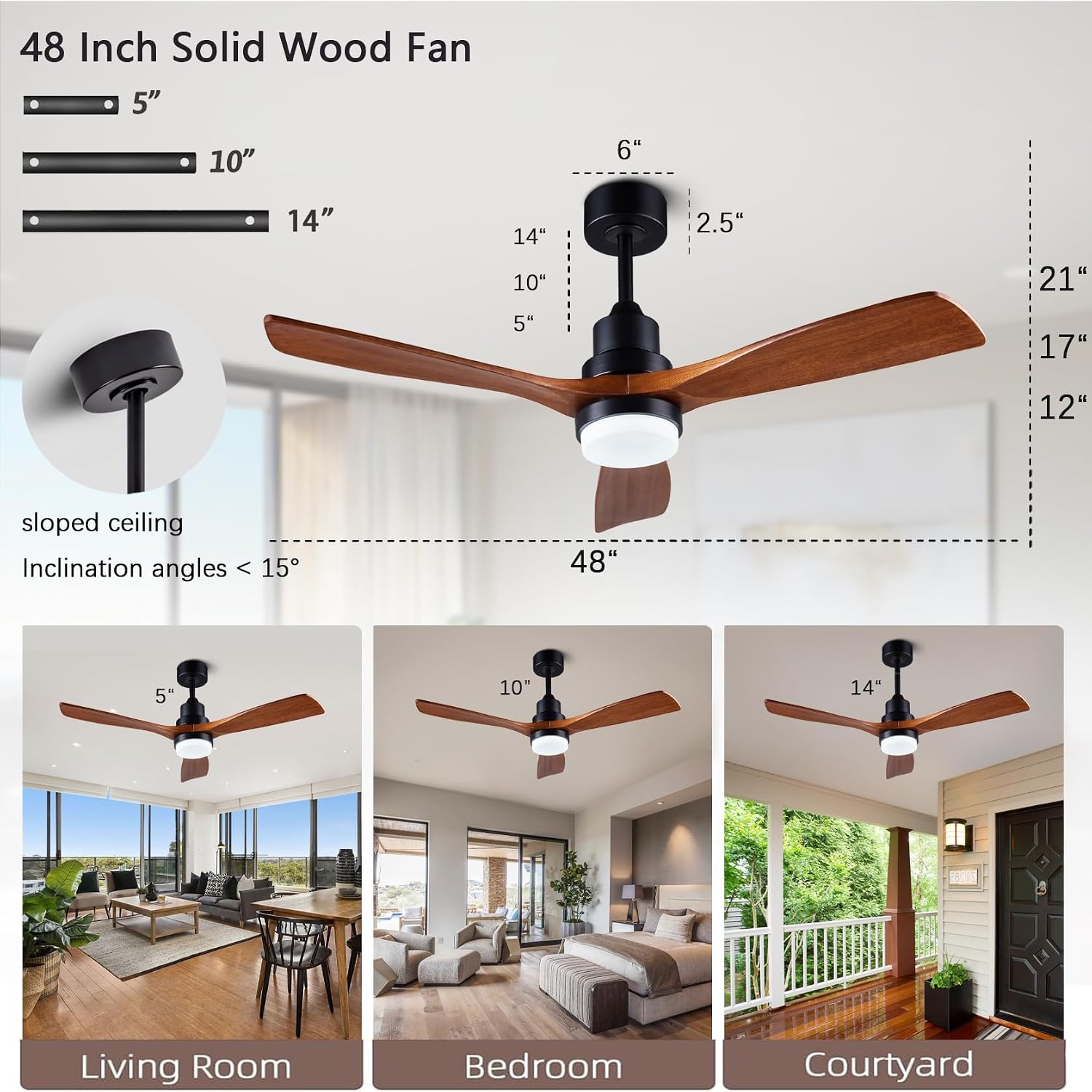 48' Wooden Ceiling Fans with Lighted Remote Control, Indoor Outdoor Wooden Ceiling Fan, Outdoor Modern Ceiling Fan with 3 Fan Blades for Patio, Living Room, Farmhouse, etc (Black + Walnut)