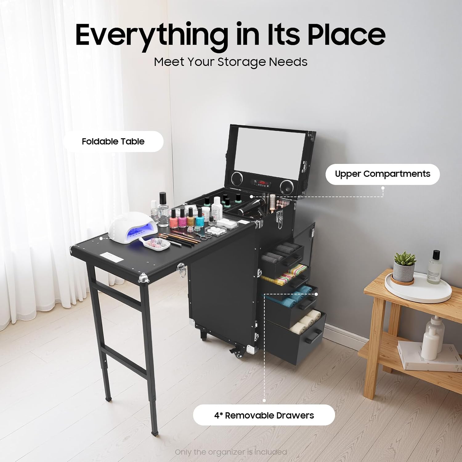 Rolling Manicure Table Train Case with 4 Universal Wheels,Professional Makeup Suitcase With Drawers & Unfold Table,2 Built-In Music Speakers,Travel Cosmetic Storage Train for Artist,Hairstylist(Black)