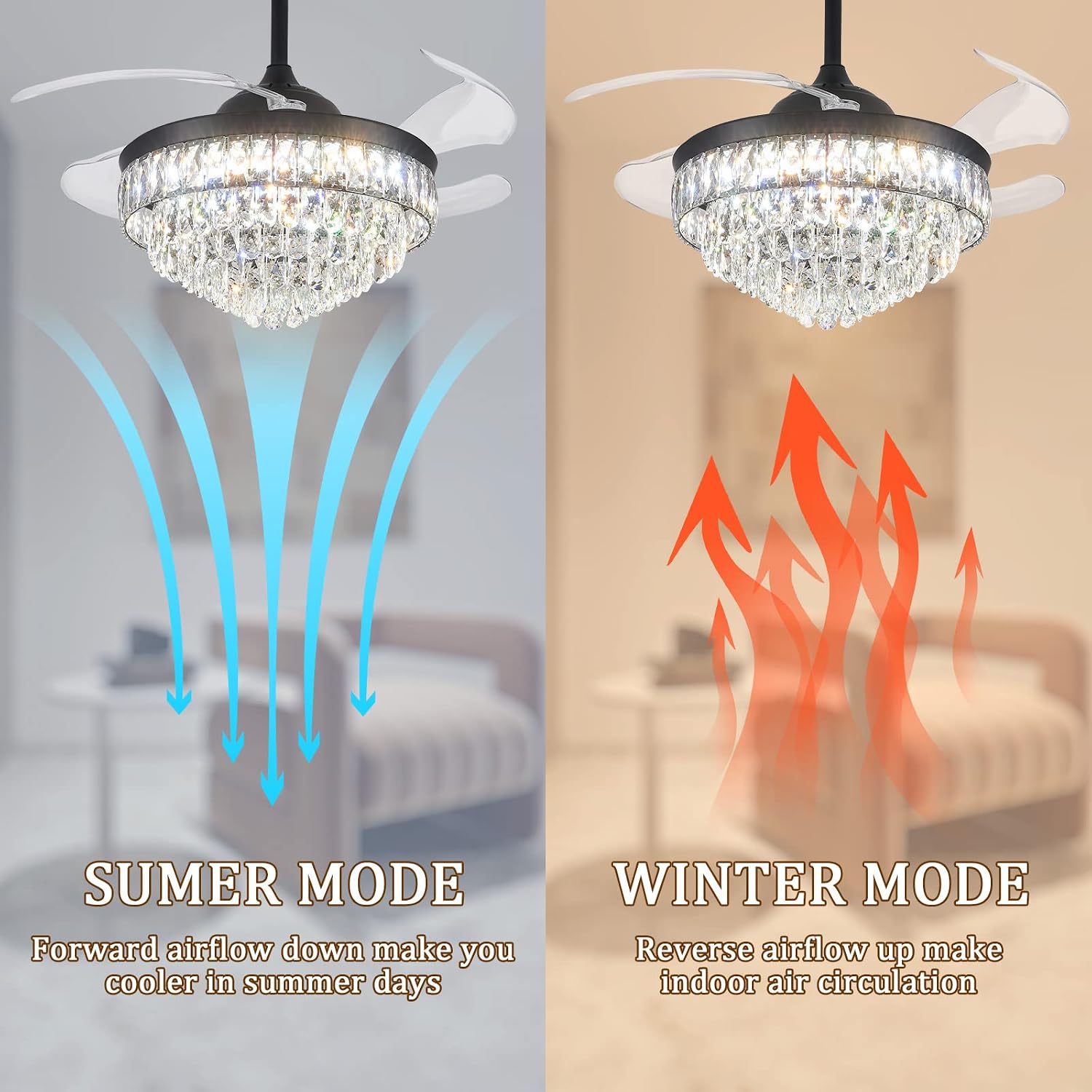 CLAIRDAI 42'' Crystal Fandelier Ceiling Fan with Lights, Stepless Dimmable LED Chandelier Fan, Retractable Blades, Remote & APP Control, 6-Speed Flush Mount for Bedroom Living Room Dining Room