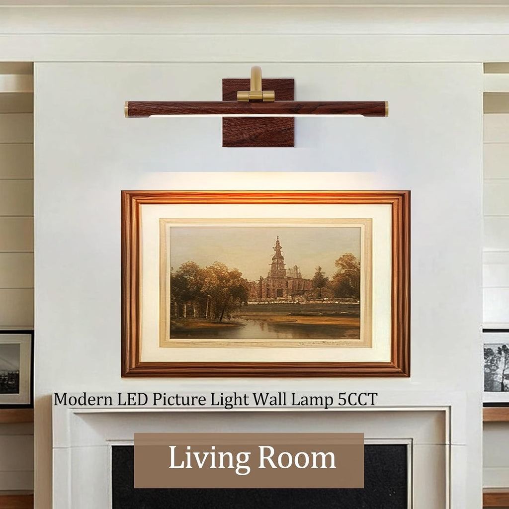2 Pack Brass & Wood Wall Mount LED Picture Light, Hard Wired Dimmable Swing Arm Art Gallery Lamp 2700K Warm White Home Art Painting Decor Light