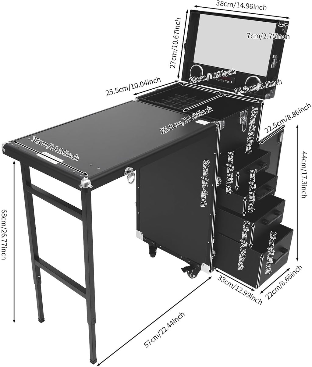 Rolling Manicure Table Train Case with 4 Universal Wheels,Professional Makeup Suitcase With Drawers & Unfold Table,2 Built-In Music Speakers,Travel Cosmetic Storage Train for Artist,Hairstylist(Black)