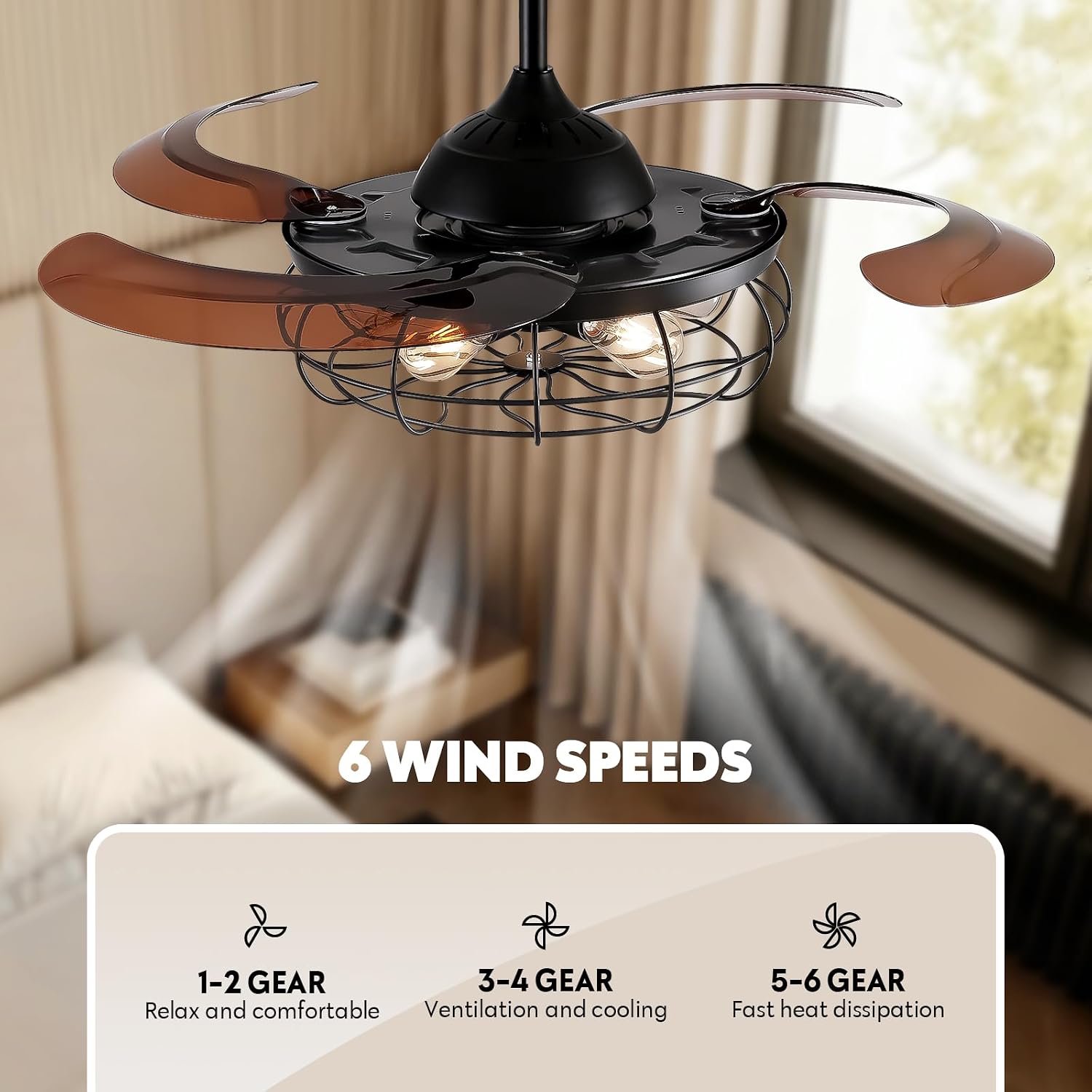 48' Industrial Caged Ceiling Fan with Light and Remote, Vintage Retractable Blades Ceiling Fan with Lights, Farmhouse Black Fandelier for Bedroom Living Room Dining Room