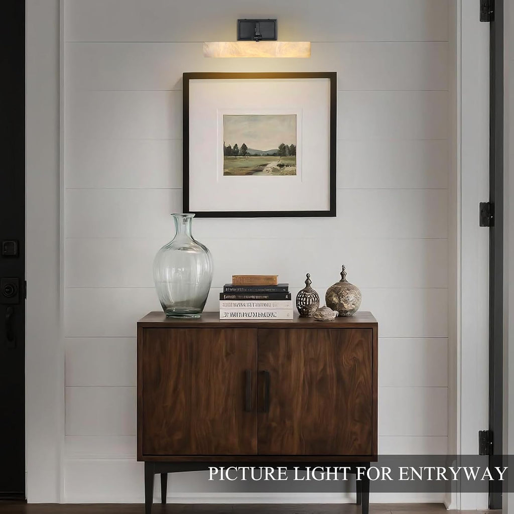 Alabaster Picture Light Hardwired, 12' Matte Black Art Light for Wall & Paintings, Real Spanish Marble Picture Frame Light, Dimmable LED Gallery Lighting, Bathroom Vanity Light Accent for Mirror Use