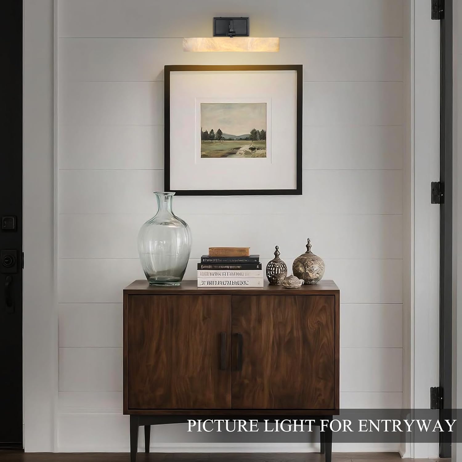 Alabaster Picture Light Hardwired, 12' Matte Black Art Light for Wall & Paintings, Real Spanish Marble Picture Frame Light, Dimmable LED Gallery Lighting, Bathroom Vanity Light Accent for Mirror Use