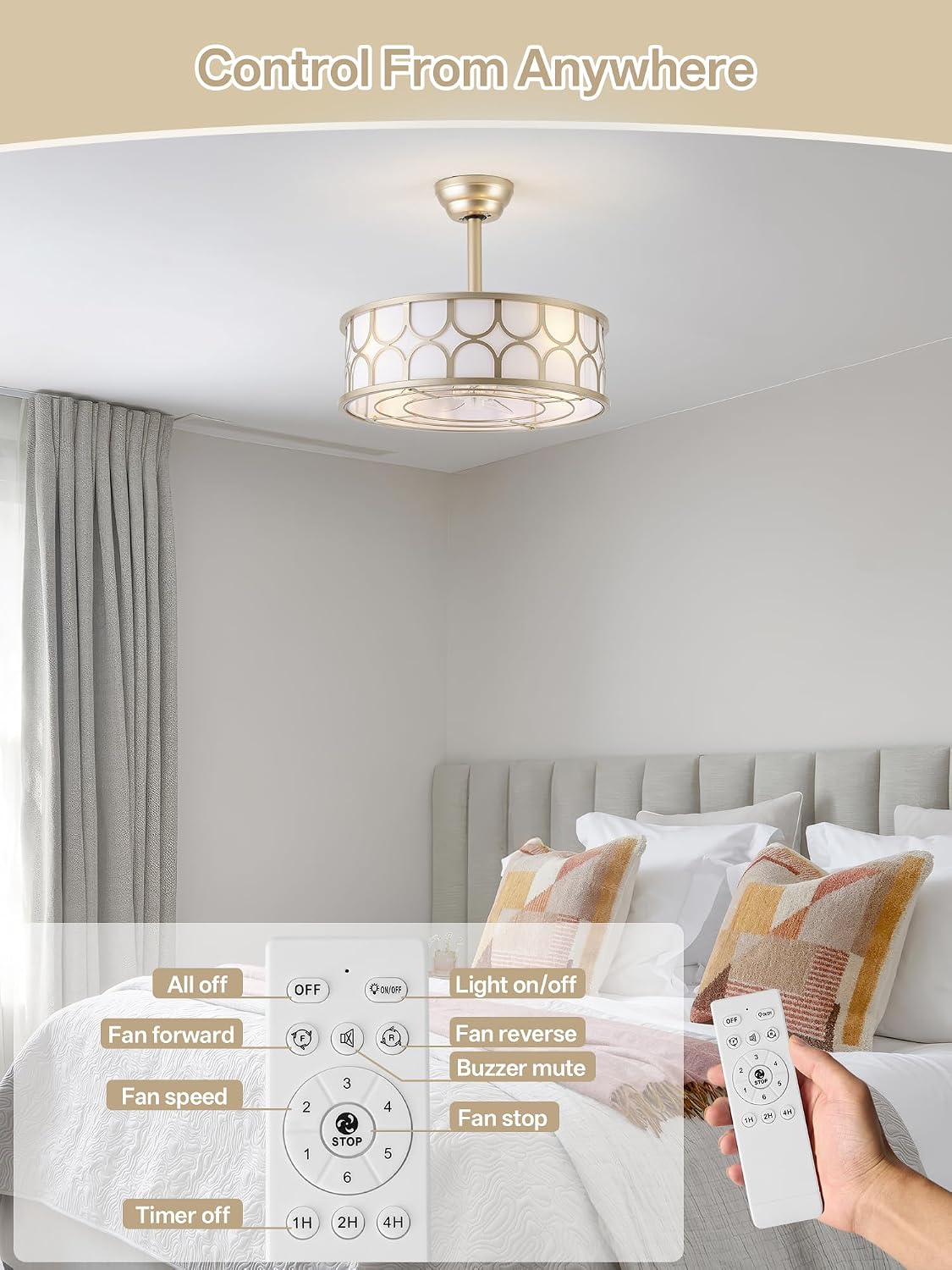 20' Gold Boho Fandelier Ceiling Fans with Lights, Caged Bladeless Ceiling Fan with Light Remote Control. Chandelier with 6 Speeds for Bedroom, Nursery, Living room.