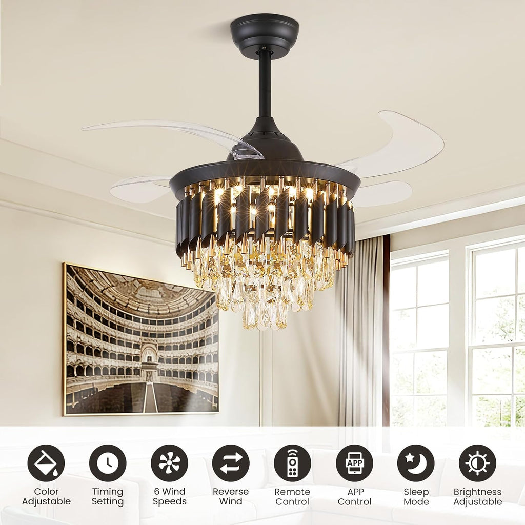 36 Inch Luxury Crystal Ceiling Fan with Light, Dimmable Ceiling Fans with Lights and Remote, Luxury Retractable Chandelier Fan for Living Room Dinning Room Kitchen
