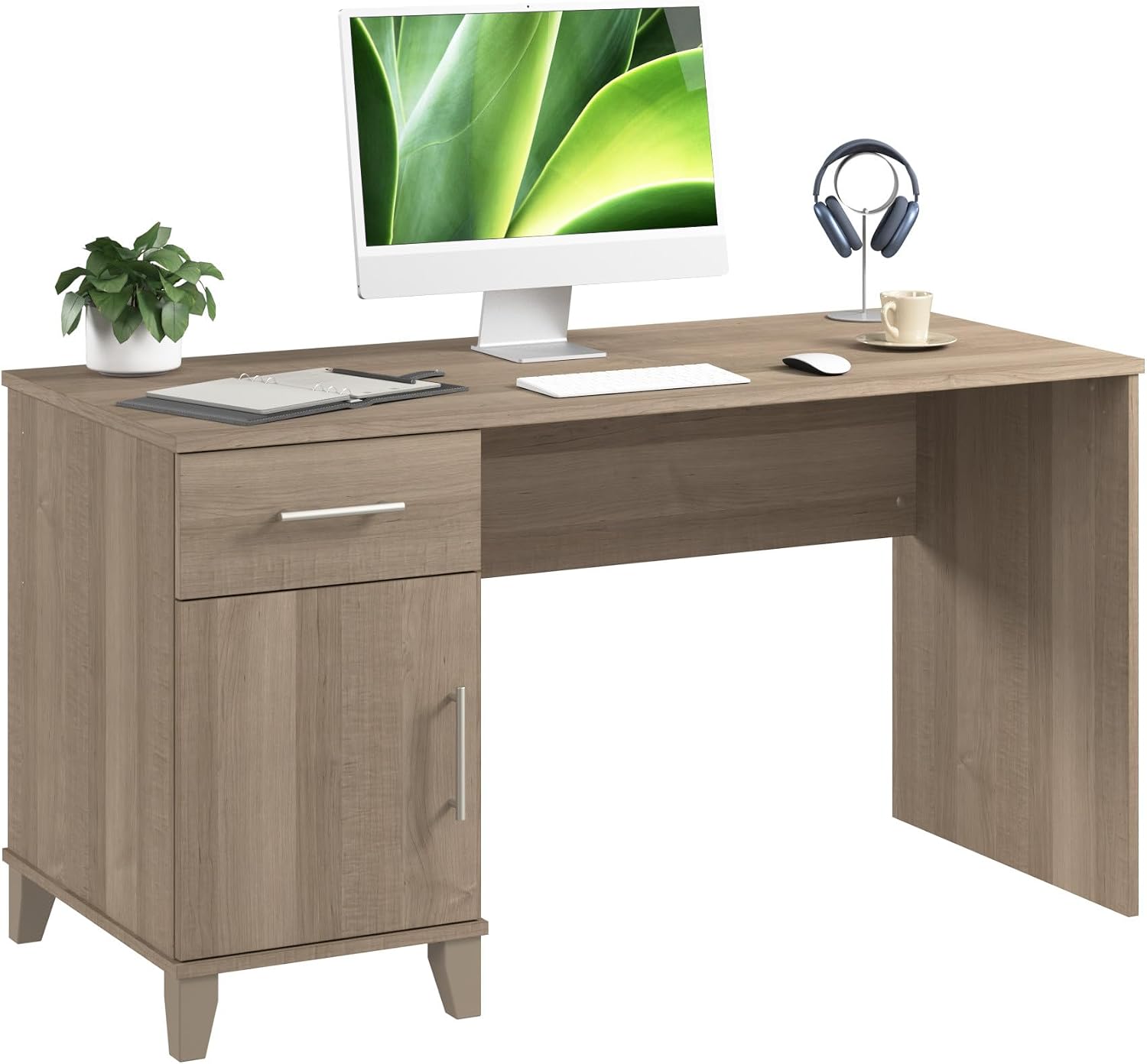 Bush Home 54-Inch Office Desk with Drawer and Storage Cabinet, Computer Desk with Box Drawer and Adjustable Shelf, Home Office Workstation Furniture, Somerset Collection, Ash Gray