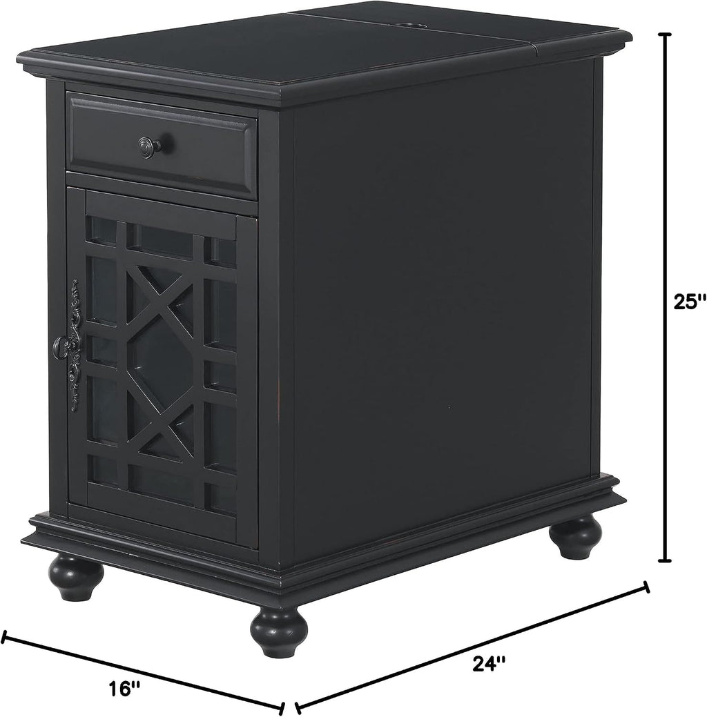 Martin Svensson Home Elegant Chairside End Table with Power — 24″W x 16″D x 25″H, Antique Black — Transitional Painted Accent Table with Flip-Top USB Charging, Drawer & Cabinet Storage