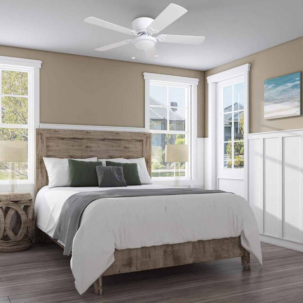 Prominence Home Benton Traditional 52 Inch Ceiling Fan with Light, LED Flush Mount Ceiling Fan, Indoor Fan with 5 Blades, White and Gray Oak Blade Finish Options, White (50852-01)