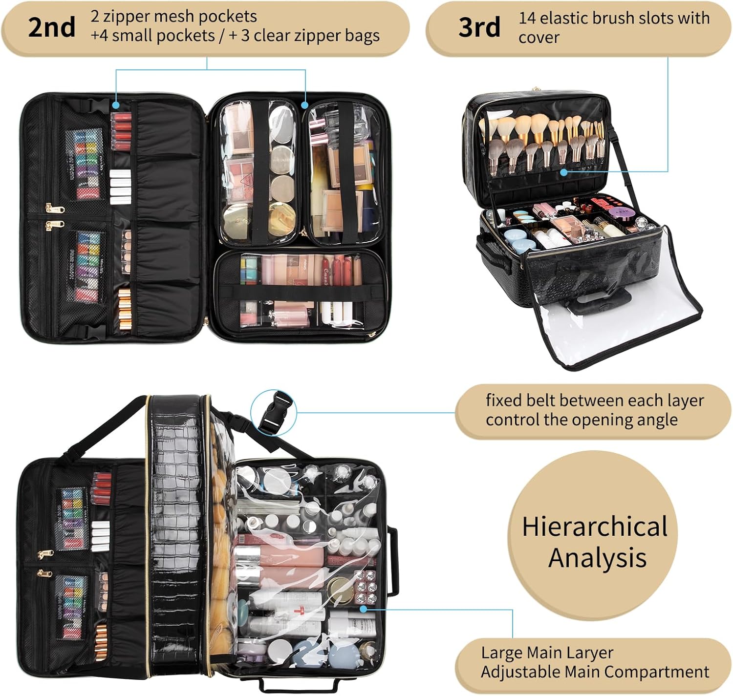 OCHEAL Rolling Makeup Train Case, 18' Carry On Travel Cosmetic Organizer Suitcase,Extra Large Trolley Makeup Storage Case On Wheels,3 Layers with 3pcs Traveling Bags for Hairstylist Cosmetology Artist