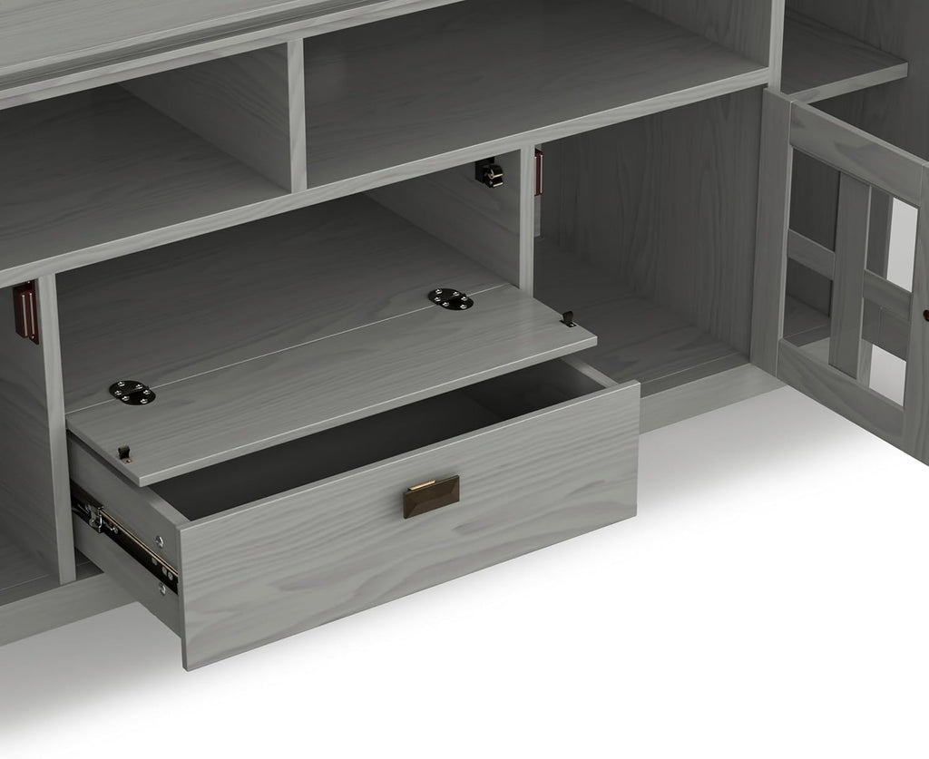 SIMPLIHOME Artisan TV Stand - 72 inch Wide Solid Wood Media Console in Fog Grey, Contemporary Entertainment Center for Living Room for TVs up to 80 Inches with Glass Cabinets and Cable Management
