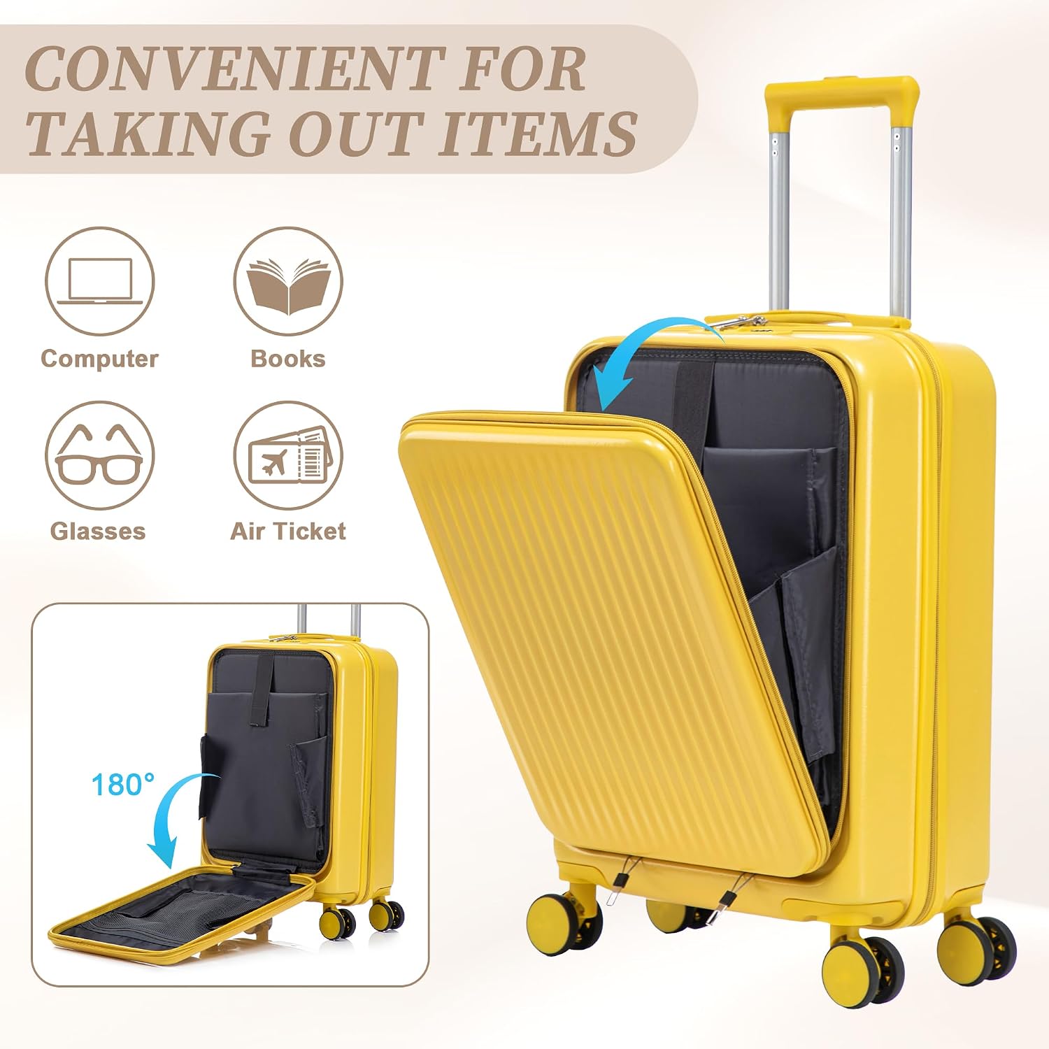 Two-piece luggage set with swivel wheels black hard shell 20-inch carry-on and 14-inch vanity case (Yellow)
