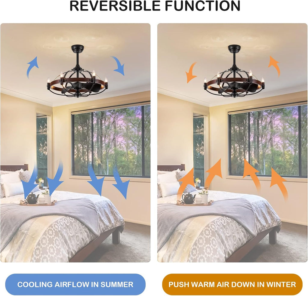 27-Inch Brown Walnut Farmhouse Style Chandelier Ceiling Fan with Light and Remote Control, Bladeless Motor for Bedroom, Kitchen, Living Room, Dining Room