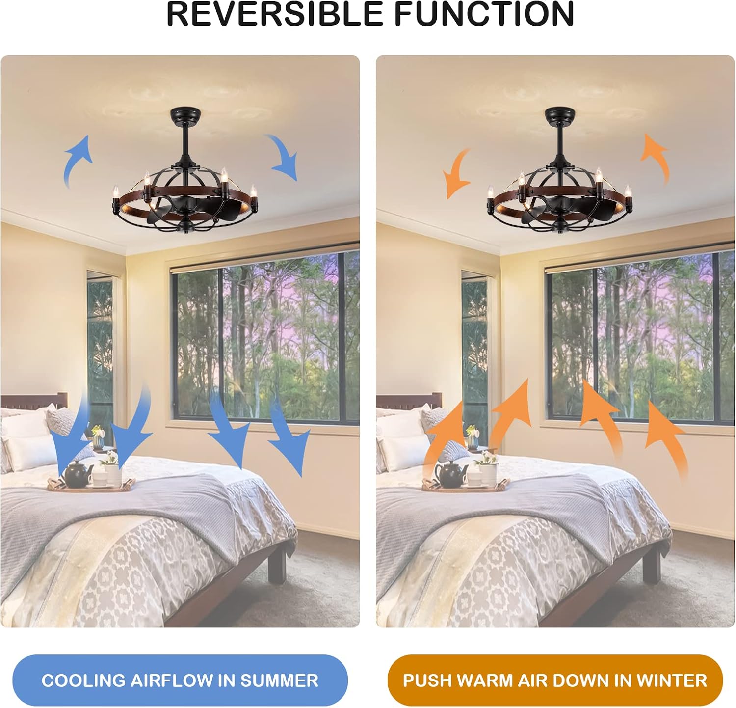 27-Inch Brown Walnut Farmhouse Style Chandelier Ceiling Fan with Light and Remote Control, Bladeless Motor for Bedroom, Kitchen, Living Room, Dining Room