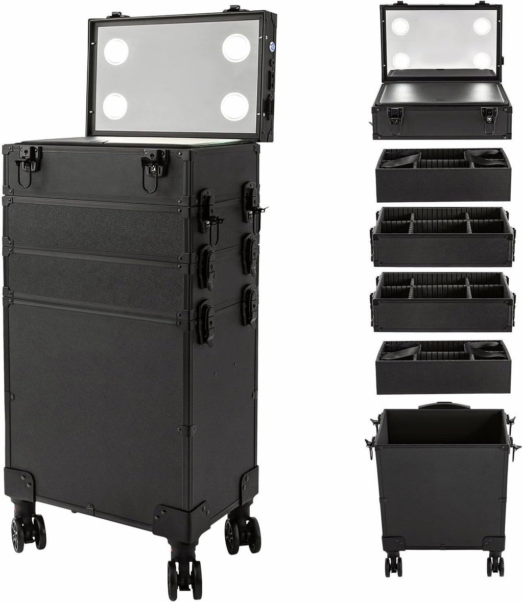 Rolling Makeup Case with Lighted Mirror, 5 in 1 Train Case on Wheels Large Beauty Salon Luggage Cosmetic Trolley for Cosmetology Nail Tech Hairstylist, Black