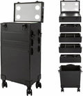 Rolling Makeup Case with Lighted Mirror, 5 in 1 Train Case on Wheels Large Beauty Salon Luggage Cosmetic Trolley for Cosmetology Nail Tech Hairstylist, Black