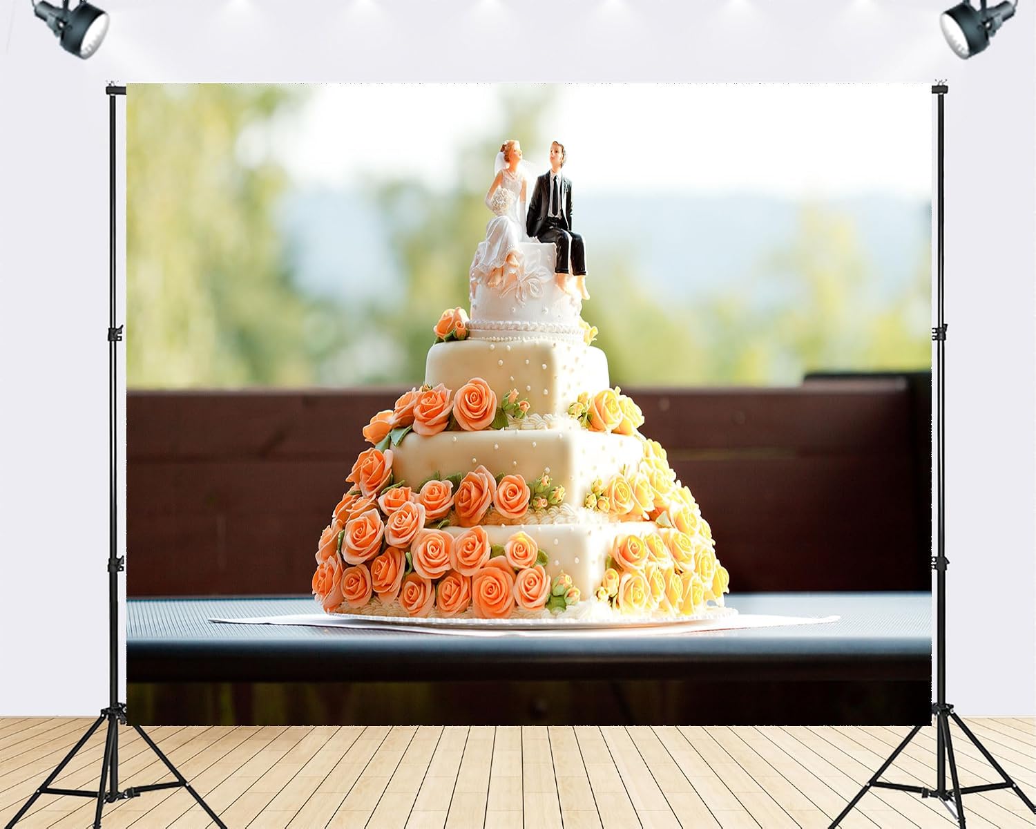 Trykid 20x10ft Wedding Cake Orange Roses Backdrop Tiered Dessert Bride Groom Topper Photography Background Holiday Celebration Party Decoration Tapestry Photo Booth Prop Fabric