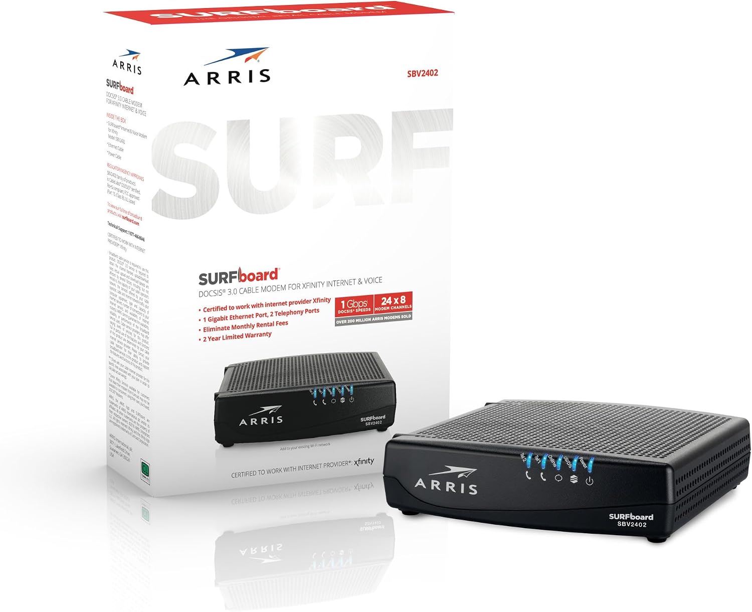 ARRIS SURFboard SBV3202 DOCSIS 3.0 Cable Modem | Comcast Xfinity Internet & Voice | 1 Gbps Port | 2 Telephony Ports | 800 Mbps Max with Xfinity Internet Plans | 2 Year Warranty