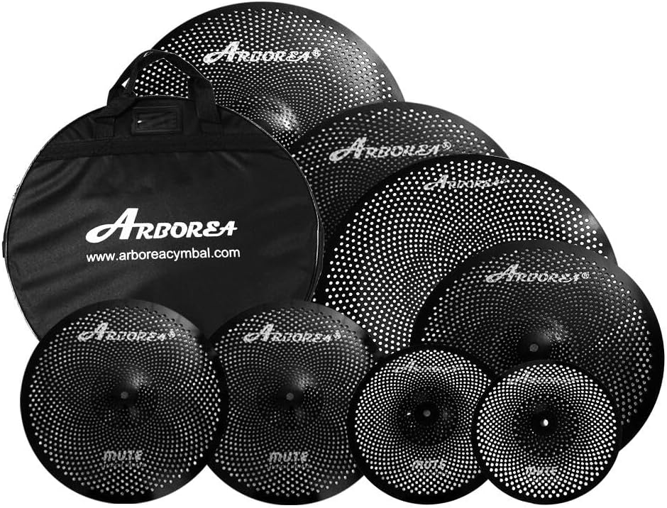 Arborea Low Volume Cymbal Pack 8pcs Black Quiet Practice Cymbals for Drums Set 10'/12'Splash/14'Hihats/16'Crash/18'Crash/20'Ride/18'China Silent Cymbal with Cymbal Bag