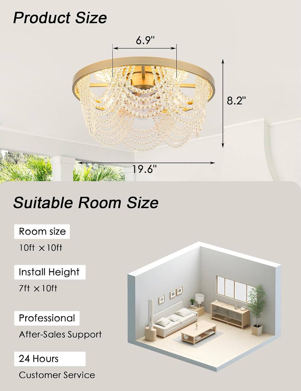Dawn Whisper 20 Inch Gold Fandelier Ceiling Fans with Lights Flush Mount Low Profile Crystal Chandelier Fans for Bedroom Kids Room
