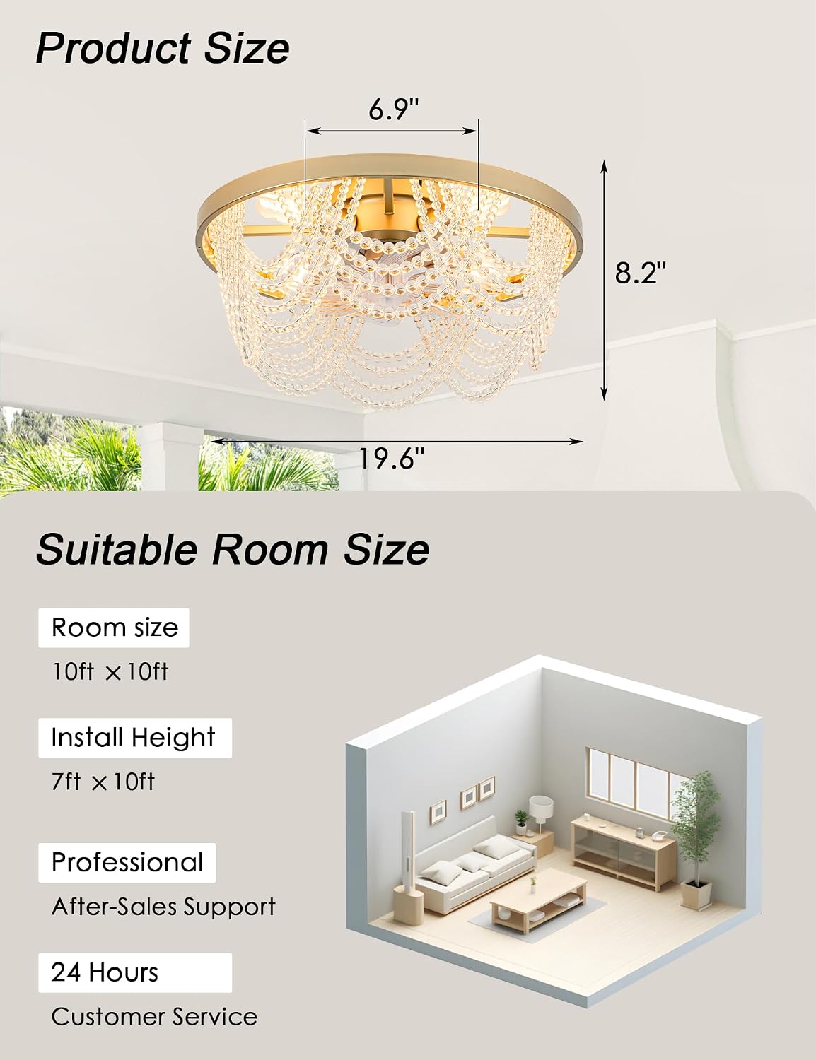 Dawn Whisper 20 Inch Gold Fandelier Ceiling Fans with Lights Flush Mount Low Profile Crystal Chandelier Fans for Bedroom Kids Room