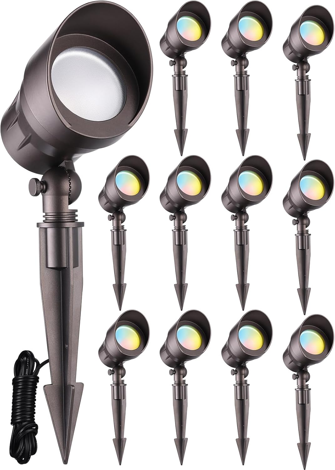 LEONLITE 12-Pack 5CCT Low Voltage LED Landscape Spotlight, Update 1800K2700K3000K4000K5000K Selectable, 5W 12V Pathway Lights Outdoor, CRI90, Aluminum Spot Lights for Garden Yard, ETL, IP65 Waterproof