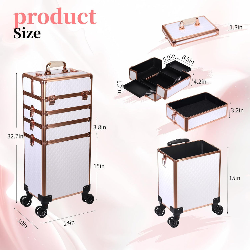 5 in 1 Rolling Makeup Train Case Professional Cosmetic Trolley Large Storage Organizer on Wheels for Hairstylist Artist Nail Beauty Salon Barber White - Gold Frame