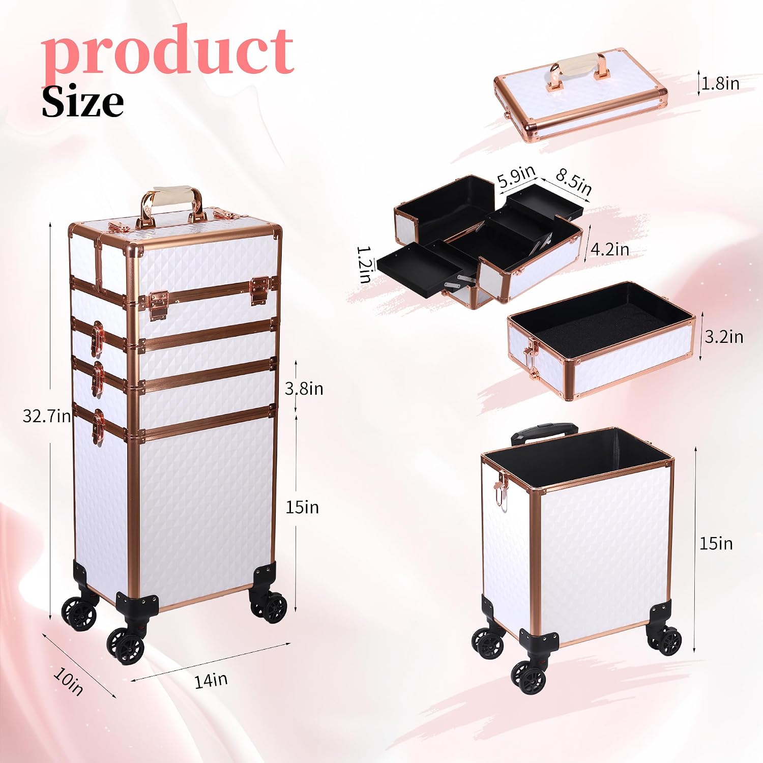 5 in 1 Rolling Makeup Train Case Professional Cosmetic Trolley Large Storage Organizer on Wheels for Hairstylist Artist Nail Beauty Salon Barber White - Gold Frame