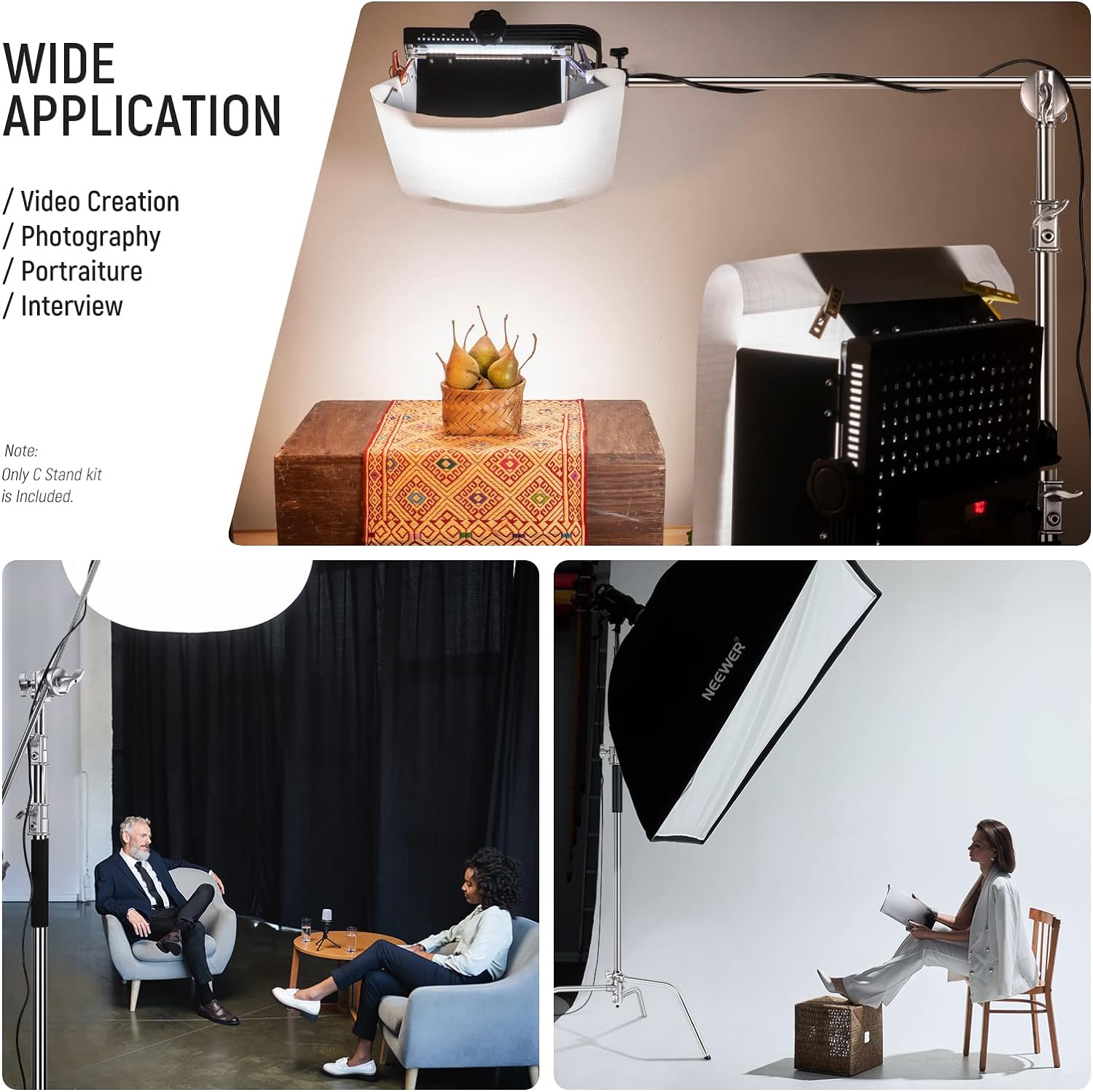 NEEWER C Stand with Boom Arm Pro 100% Stainless Steel, Max Height 10.8ft/330cm Air Cushion Heavy Duty Photography Light Stand with 4.2ft/128cm Holding Arm for Monolight Softbox Reflector