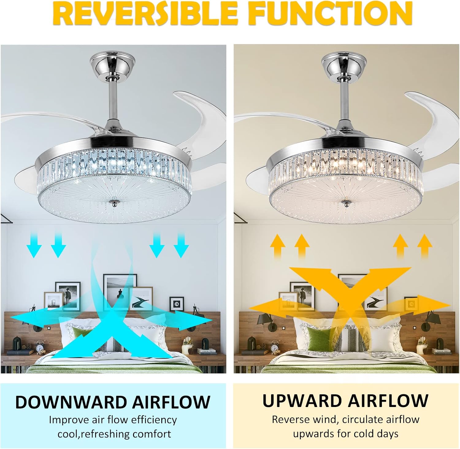 Bavnnro Crystal Ceiling Fans with Lights,42 Inch LED 3 Color Remote Control Retractable Invisible Blades 3 Speeds Indoor Ceiling Light Kits with Fans for Decorate Living Room Bedroom