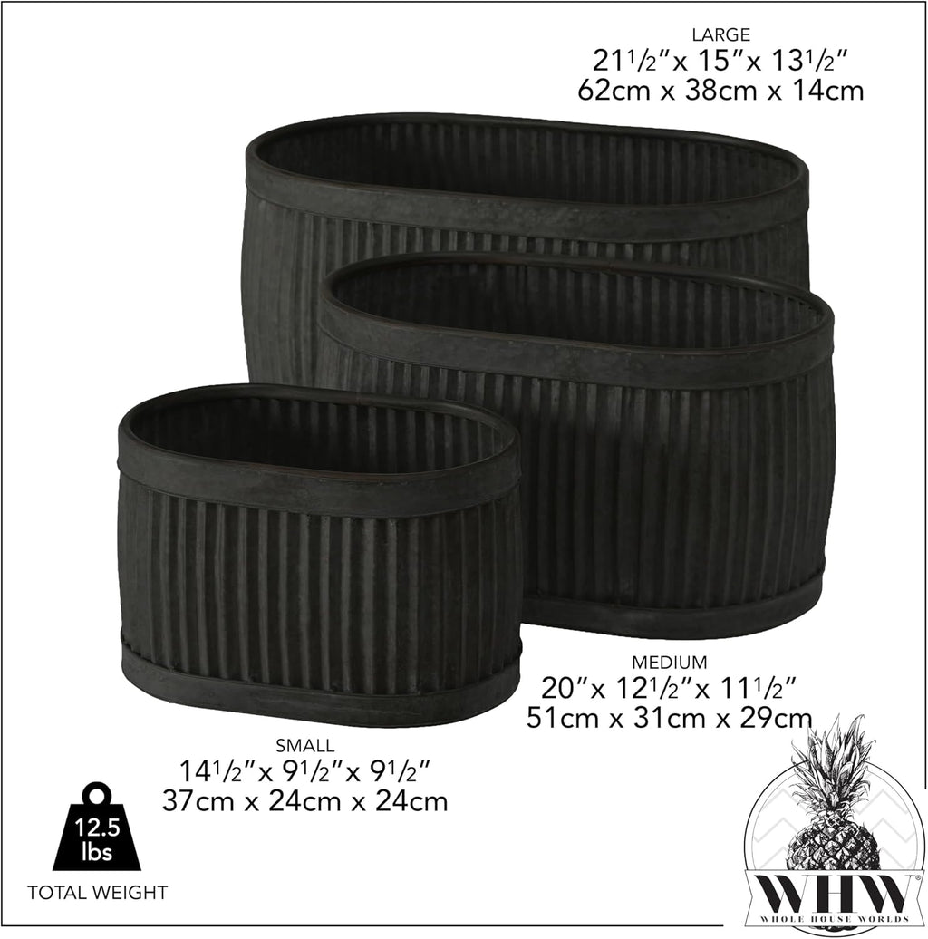 WHW Whole House Worlds French Country Style Oval Planters, Set of 3, Glossy Black, Galvanized Metal, Chubby Belly, Corrugated Cache Pots, Rustic, Over 2 FT, 24.5, 20 and 14.5 Inches