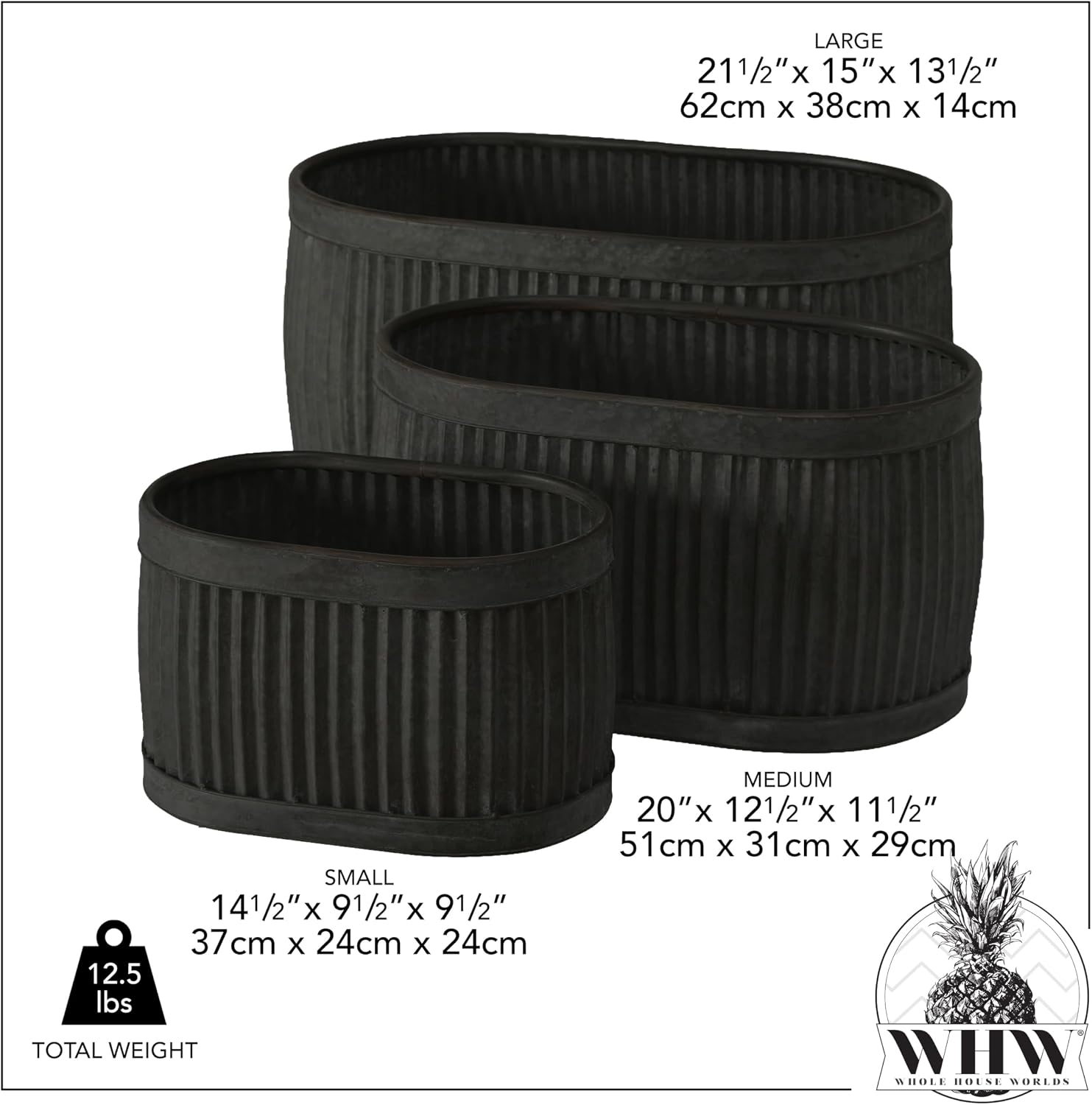 WHW Whole House Worlds French Country Style Oval Planters, Set of 3, Glossy Black, Galvanized Metal, Chubby Belly, Corrugated Cache Pots, Rustic, Over 2 FT, 24.5, 20 and 14.5 Inches