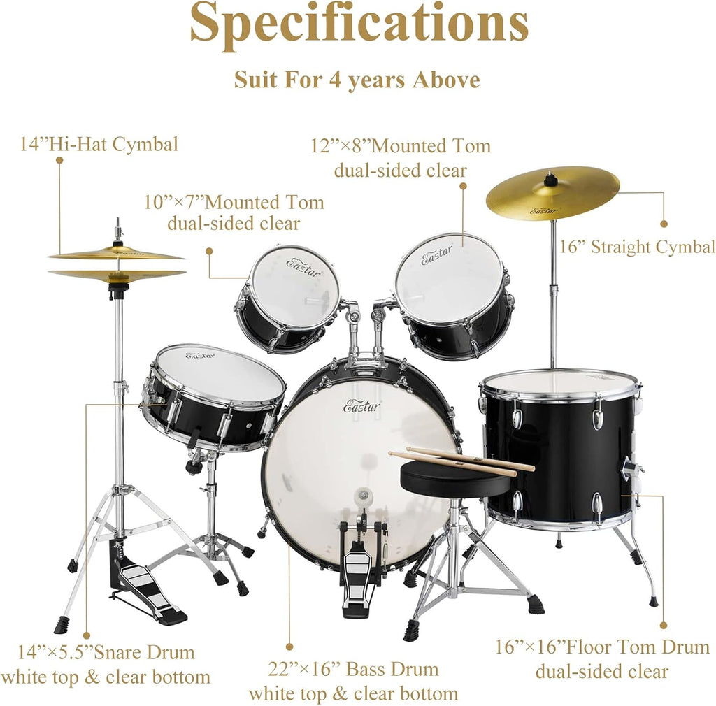 Drum Set Eastar 22 inch for Adults, 5 Piece Full Size Drum Kit Junior Beginner with Pedal Cymbals Stands Stool and Sticks, Mirror Black