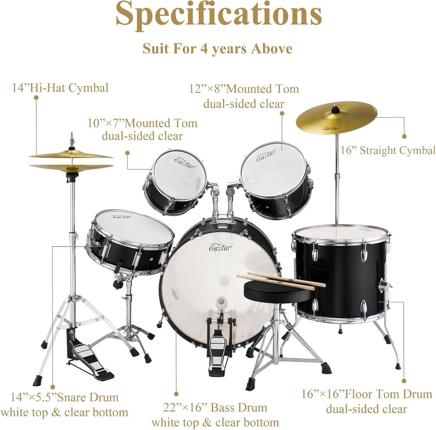 Drum Set Eastar 22 inch for Adults, 5 Piece Full Size Drum Kit Junior Beginner with Pedal Cymbals Stands Stool and Sticks, Mirror Black