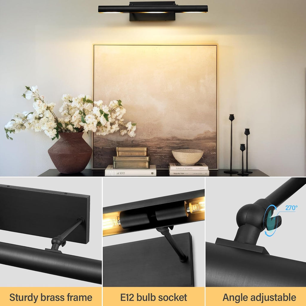 Art Picture Frame Wall Light: 24' Black Dimmable Vintage Artwork Brass Painting Spotlight - Hardwired Swing Arm Rotatable 3 Lights over Pictures - Linear Accent Lighting above Photo for Gallery Museum