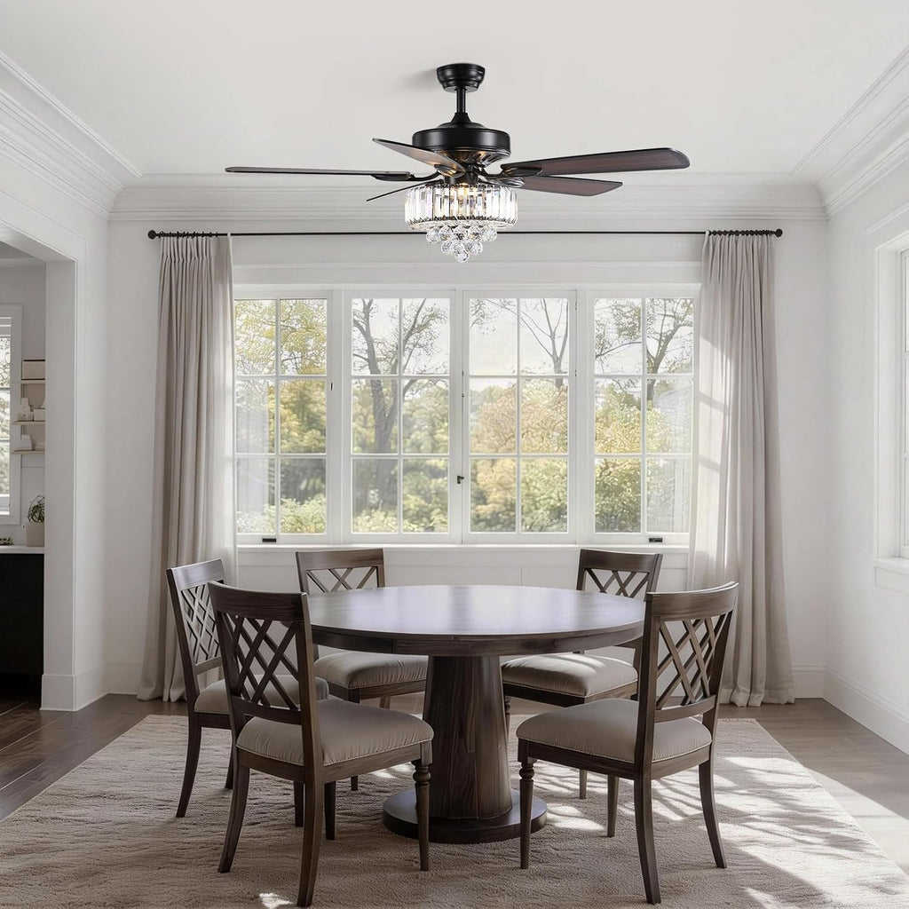 52 Inch Crystal Ceiling Fan with Lights and Remote Modern Black Chandelier Fan for Bedroom 5 Reversible Wood Blades Silent DC Motor Fandelier Ceiling Fans for Living Room Dining Room