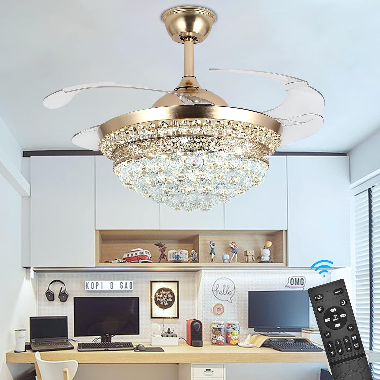 42' Invisible Ceiling Fan Chandelier with Light,Modern Crystal Ceiling Fan Light Remote Control 4 Retractable ABS Blades for Bedroom Living Dining Room Decoration (Golden)