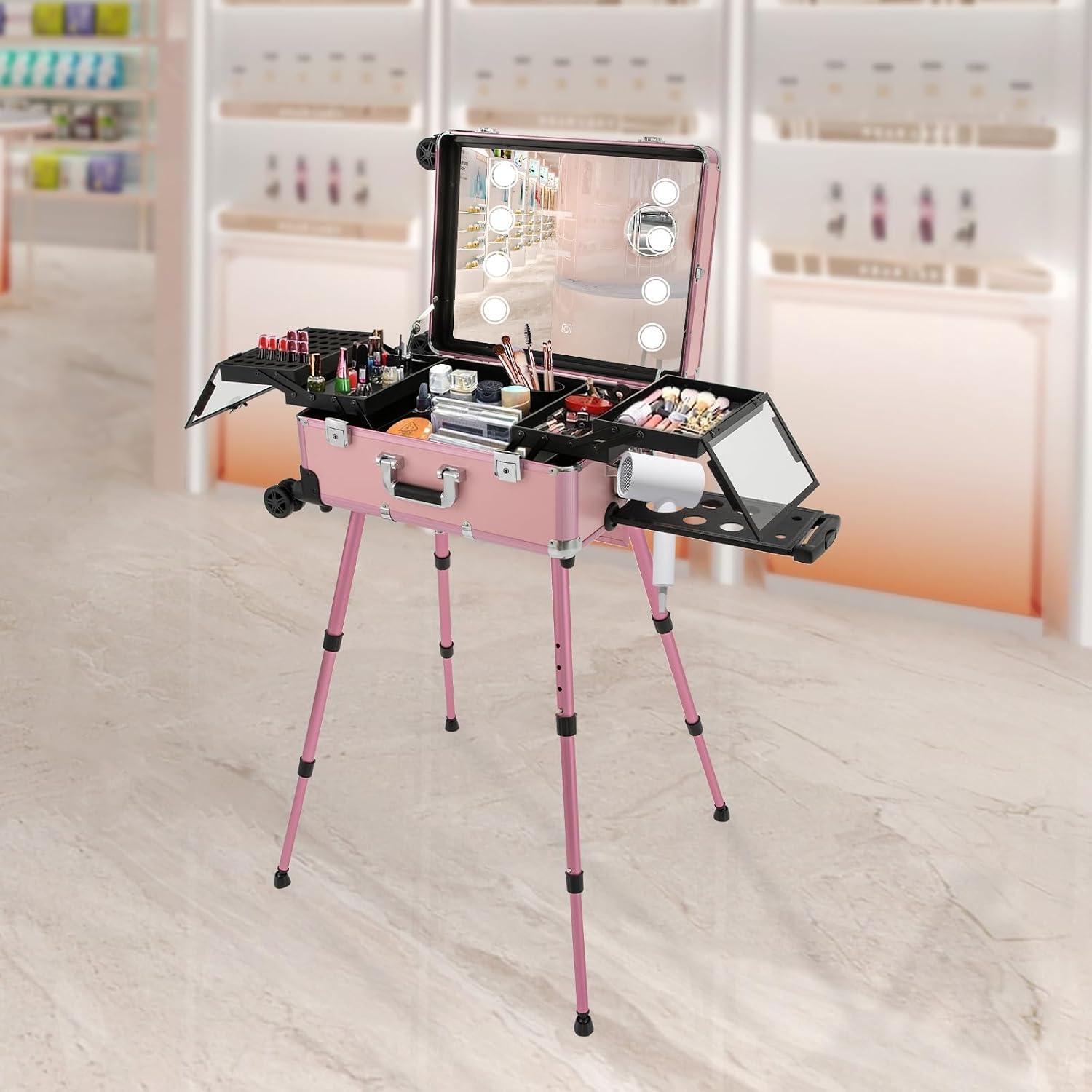 Portable Makeup Station Trolley Makeup Train Case, Portable Vanity Table Makeup Train Case With Mirror & LED Lights, Rolling Vanity Travel Makeup Vanity Cases with Wheels & Adjustable Legs (Pink)