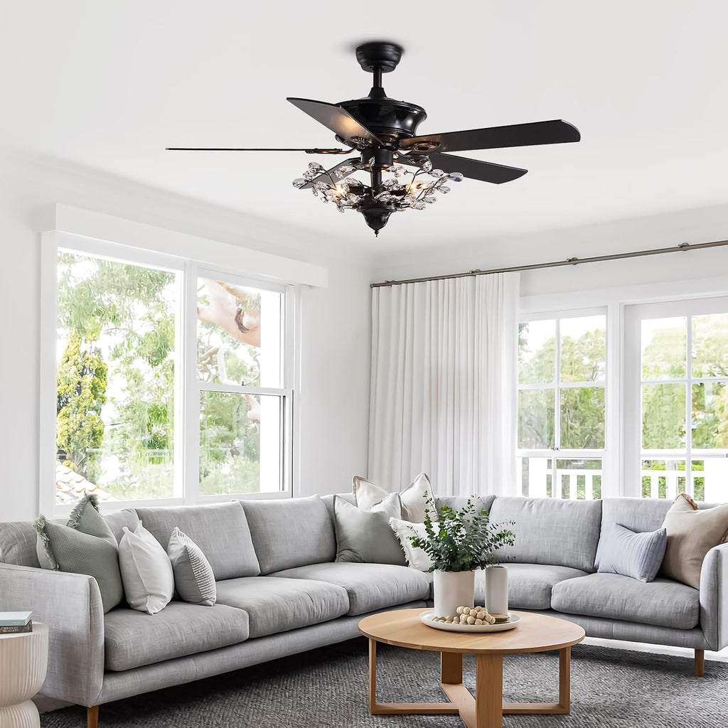 Modern Crystal Chandelier Ceiling Fan Gorgeous Reversible Ceiling Fan Light Fixture with Remote for Bedroom Living Room (Black-2, 50')