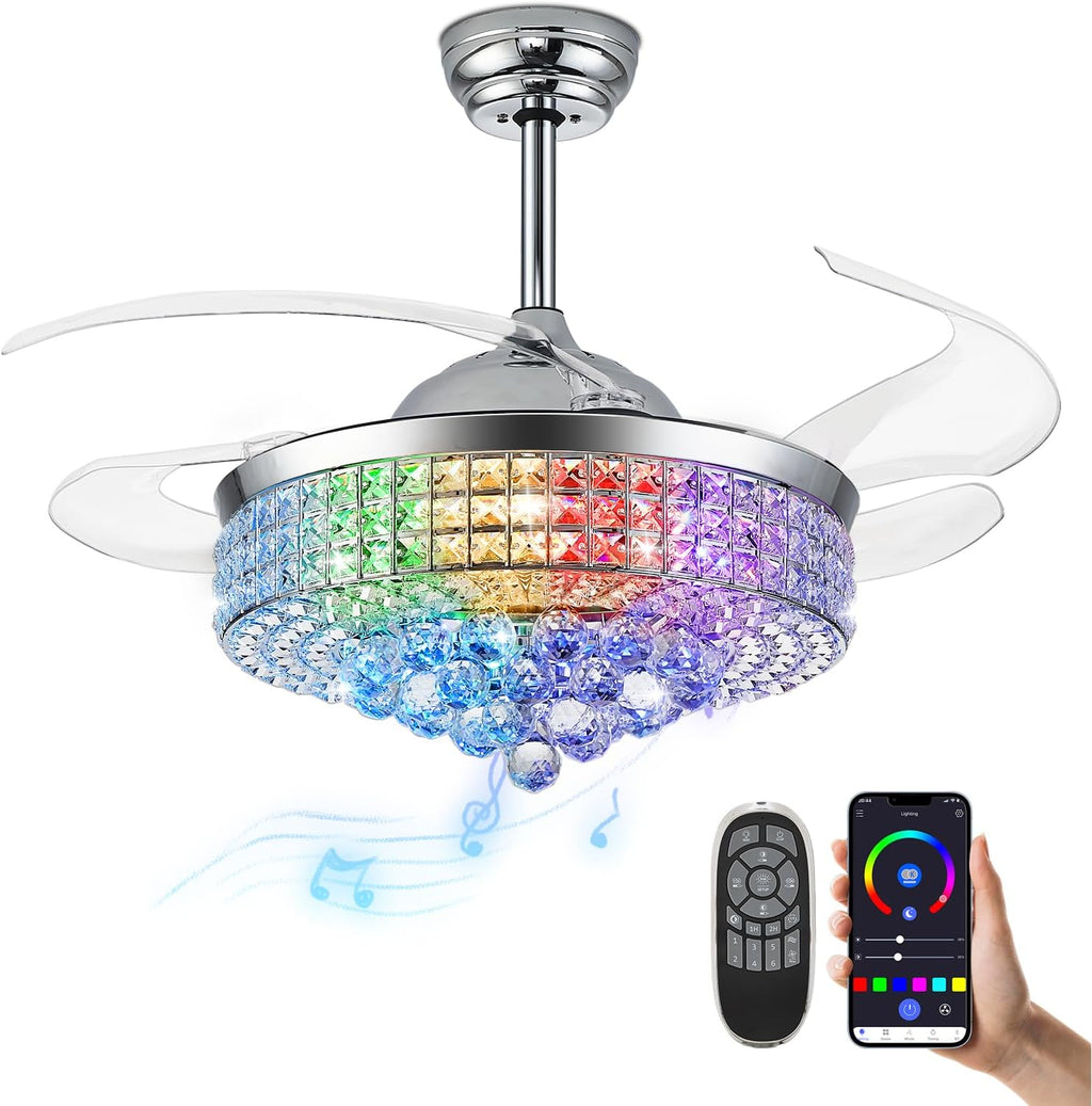 36' Bluetooth Ceiling Fan with Light and Speaker,RGB Retractable Blades Crystal Fandelier Music Player LED Chandelier 6-Speed APP Control Timer Remote Control for Bedroom Silver