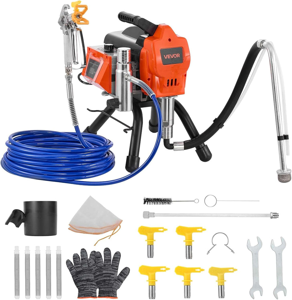 VEVOR Stand Airless Paint Sprayer, 1500W, 3300PSI High Pressure Airless Sprayer, Cleaning Brush, Hose, Extension Rod, Nozzles, Electric Spray Paint Machine for Large Apartments, Factory Buildings