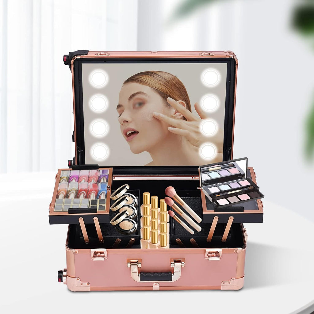 Makeup Train Case, 22' Aluminum Rolling Makeup Train Case with Mirror & 8 Led Bulbs, Adjustable Light Color Brightness& Height Cosmetic Travel Box for Make-Up Artist Hairdresser Nail Technician