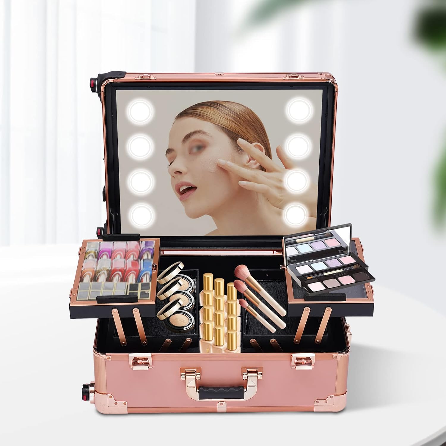 Makeup Train Case, 22' Aluminum Rolling Makeup Train Case with Mirror & 8 Led Bulbs, Adjustable Light Color Brightness& Height Cosmetic Travel Box for Make-Up Artist Hairdresser Nail Technician