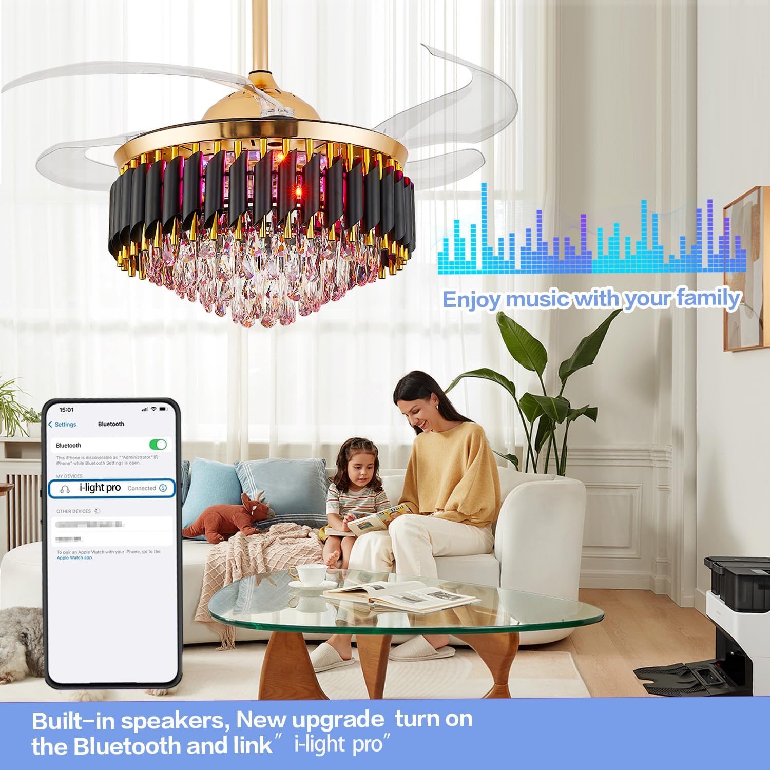 36' Bluetooth Ceiling Fan with Speaker, RGB-LED Dimmable Light 6 Speeds Reversible Blades Modern Fandelier Chandelier with Remote APP Control Memory Timer Function for Bedroom Gold