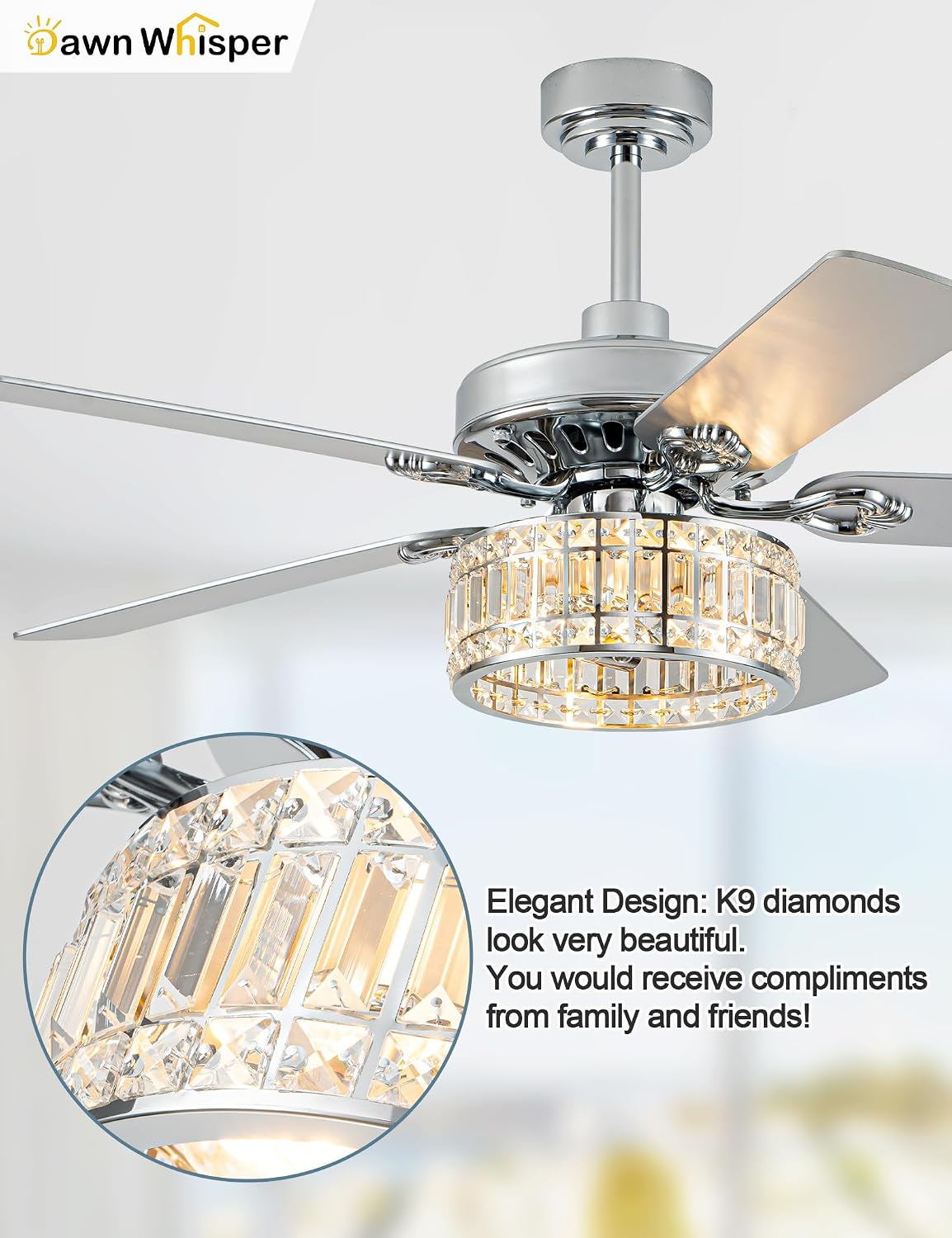 Dawn Whisper 52 Inch Modern Ceiling Fans with Lights Low Profile Fandelier Ceiling Fan with Light for Living Room Bedroom Kitchen Crystal Chandelier Fan Quiet Reversible DC Motor 6 Speeds Silver