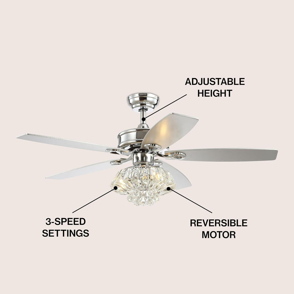 JONATHAN Y 48' Chrome 3-Light Iron and Crystal Ceiling Fan, Glam Drum Chandelier with Remote Control, 5 Reversible Silver/White Maple Blades, ETL Listed, LED Bulbs Included JYL9608A